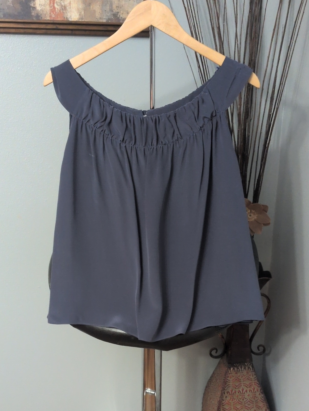 Ellen Tracy Slate Blue Off-Shoulder Ruched Camisole 100% Silk